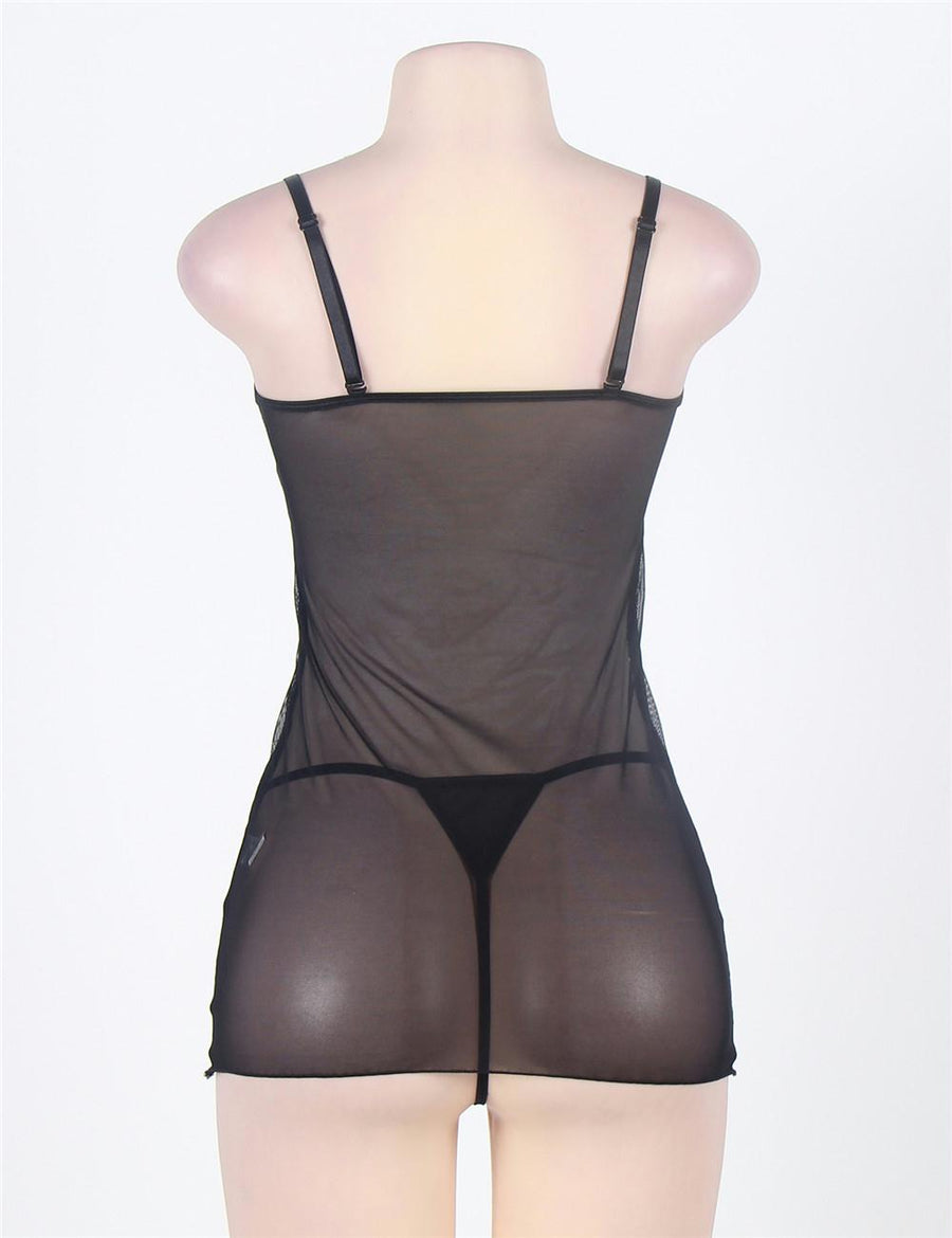 Black Plus Size Leather Chemise With Lace Eyelash