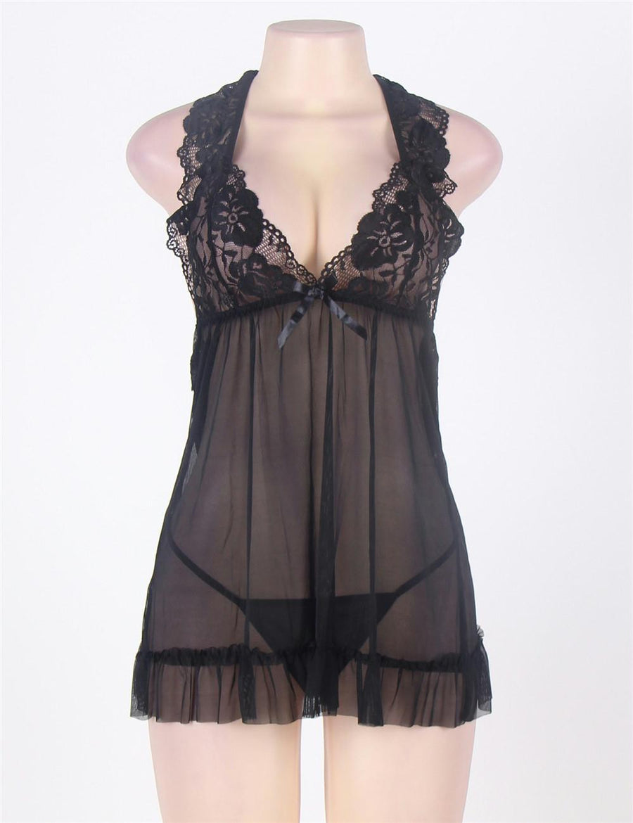 Black Sheer Lace Halter Open Back Lingerie