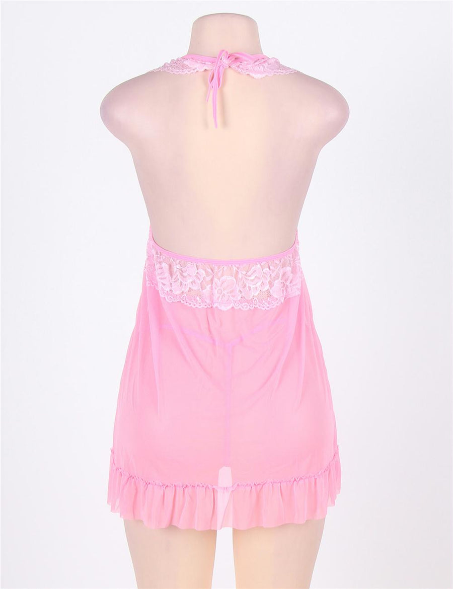 Pink Halter Lace Patchwork Sexy Babydoll