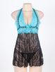 Sexy Halter Sheer Blue And Black Lace Babydoll