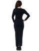 Deep-V Neckline Dark Blue Long Sleeve Maxi Dress