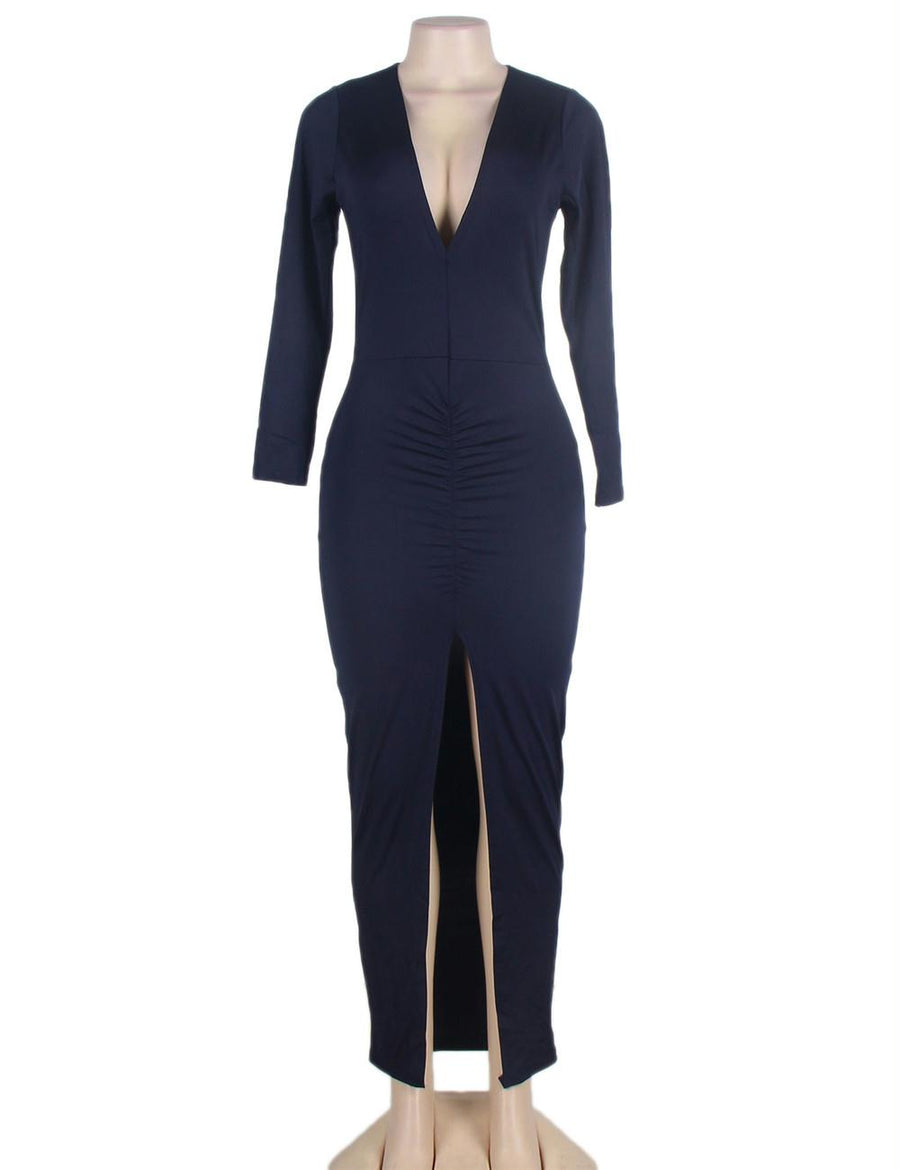 Deep-V Neckline Dark Blue Long Sleeve Maxi Dress