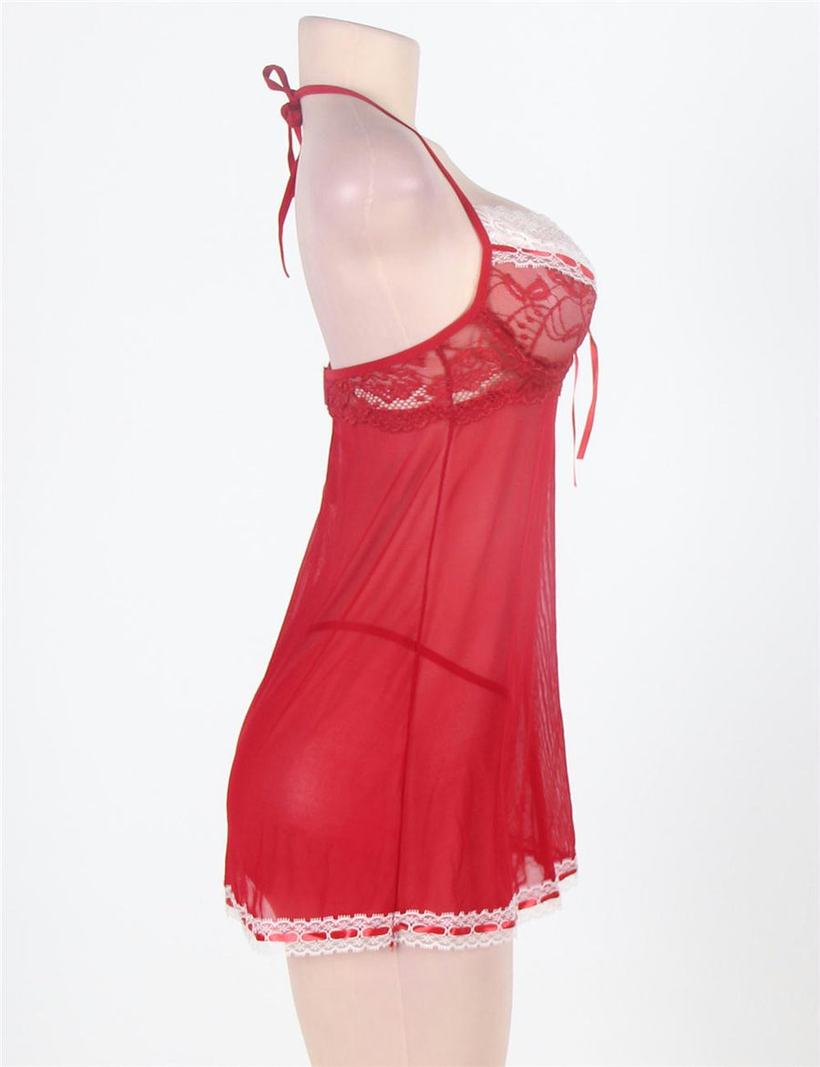 Stretch Lace Camisole Babydoll In Sheer Red