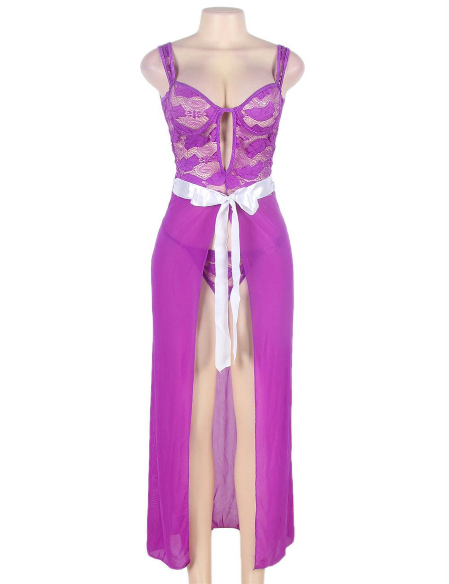 Open Long Purple Lace Dress Sleepwear Gown