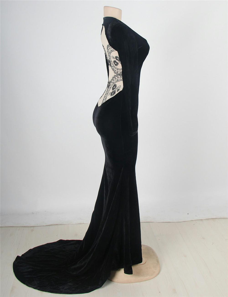 Black Long Sleeve Pattern Back Sheer Prom Dress