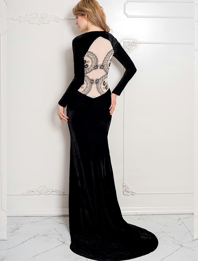 Black Long Sleeve Pattern Back Sheer Prom Dress