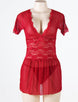 Red Plus Size V Neck Mesh Scalloped Lace Babydoll With Short Sleeve