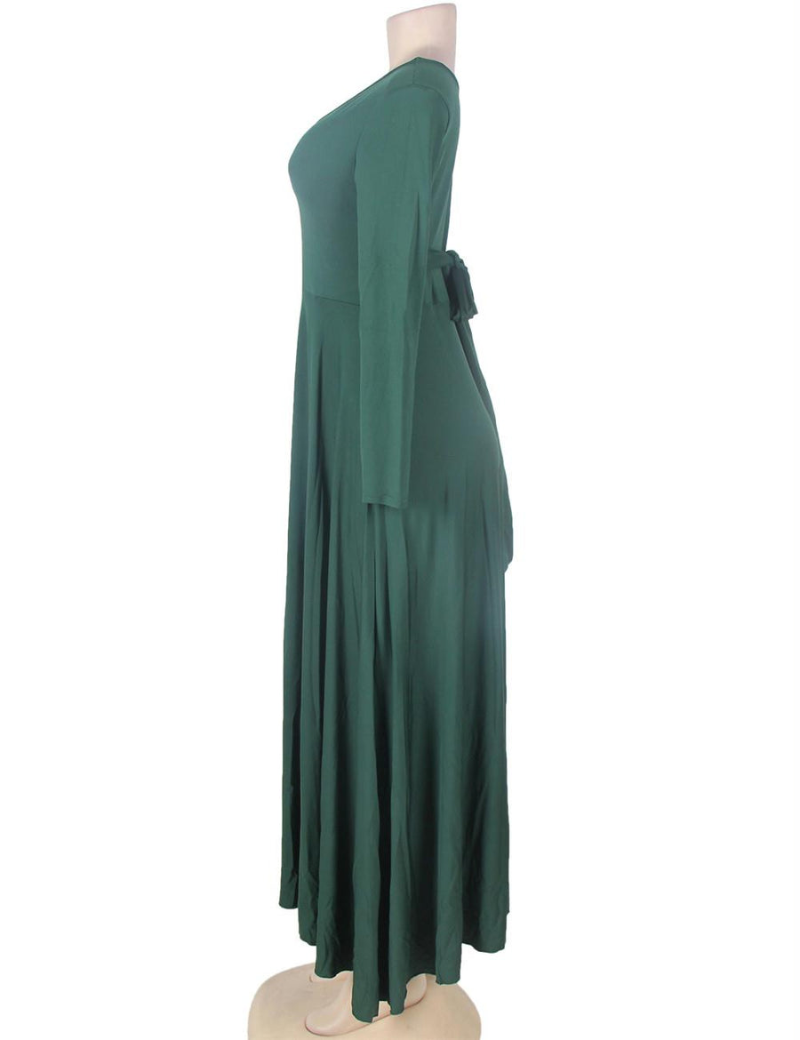 Emerald Belted V Neck Back Maxi Dress