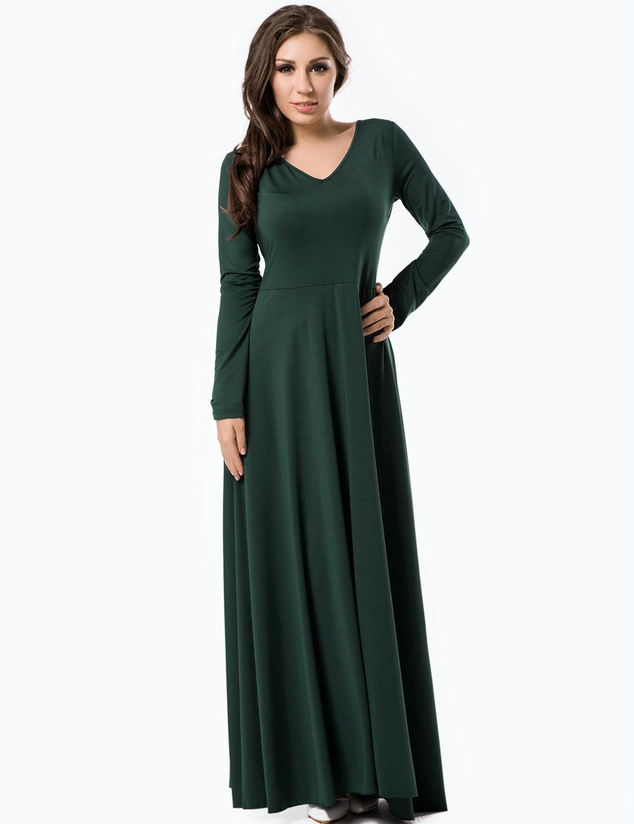 Emerald Belted V Neck Back Maxi Dress