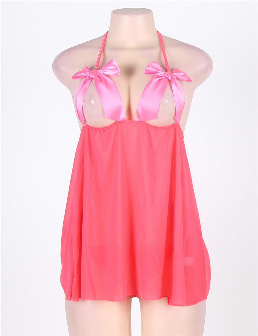 Pink Open Cup Satin Bows Babydoll