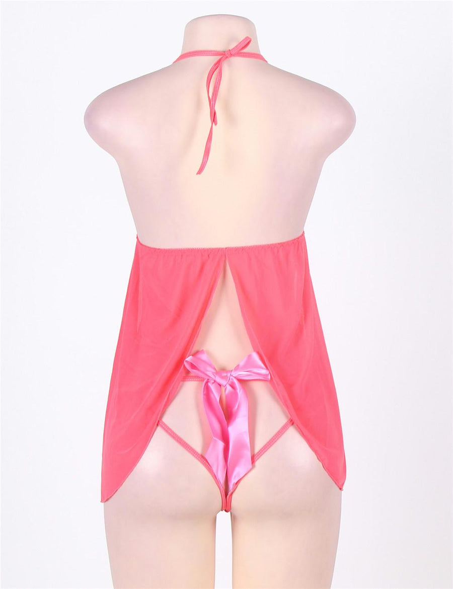 Pink Open Cup Satin Bows Babydoll