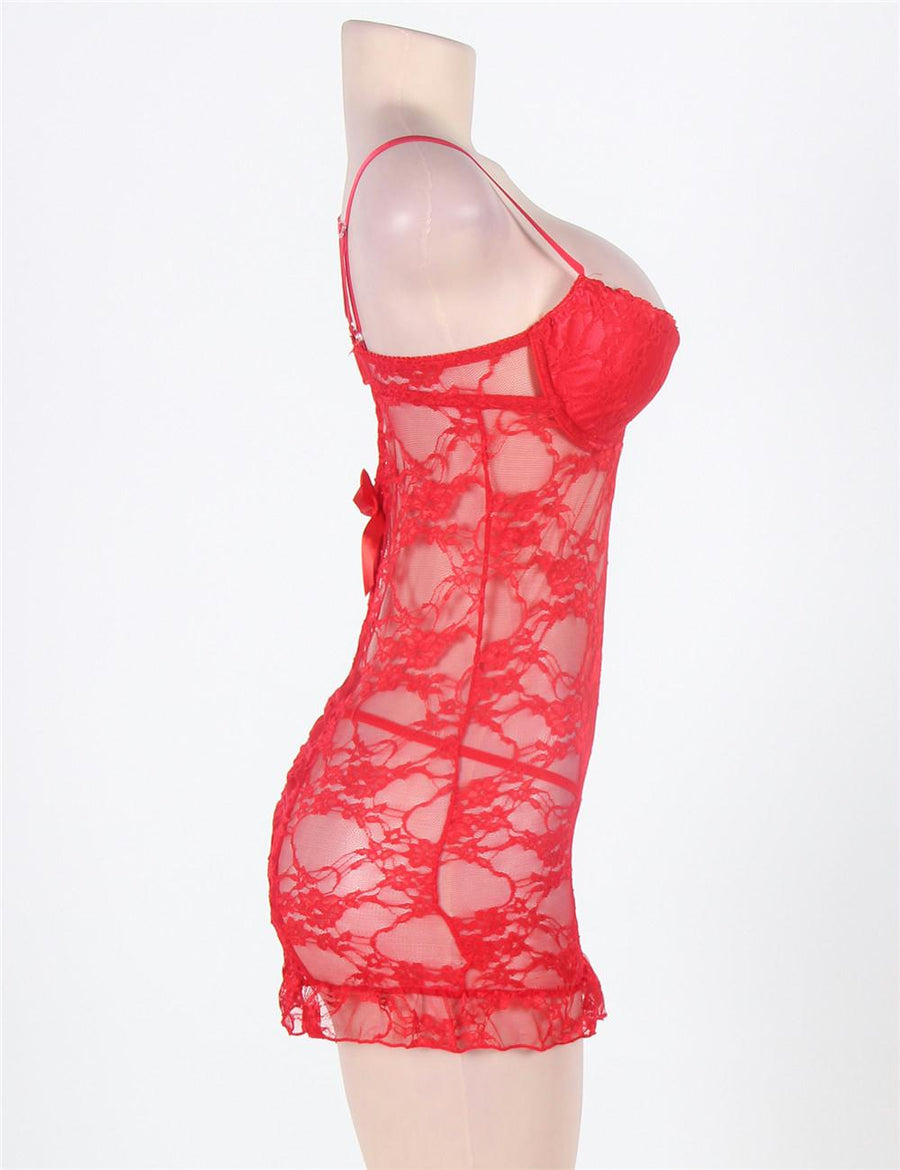 Sexy Red Floral Lace And Mesh Babydoll Lingerie