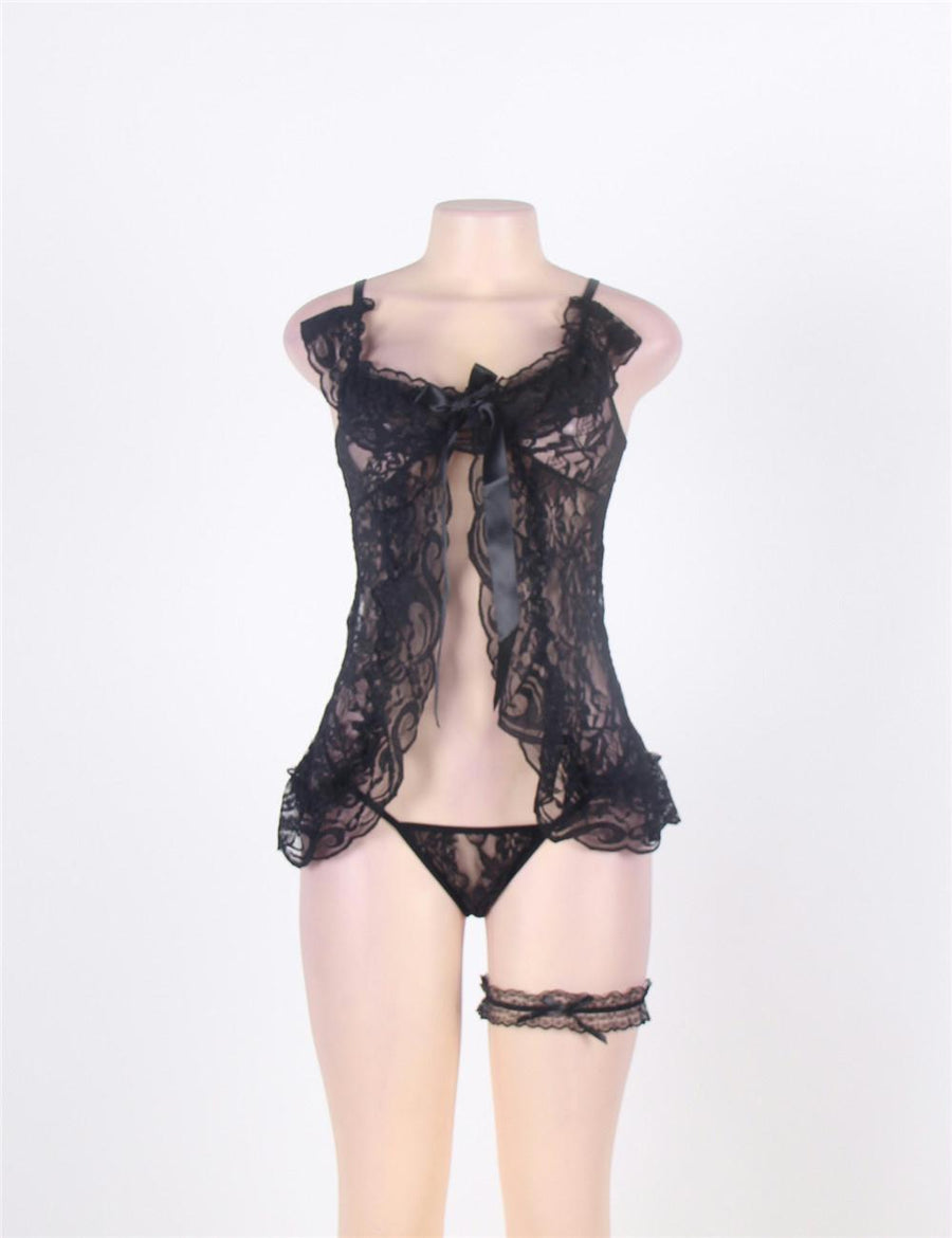 Sexy Floral Sheer Lace Fly-Away Black Babydoll