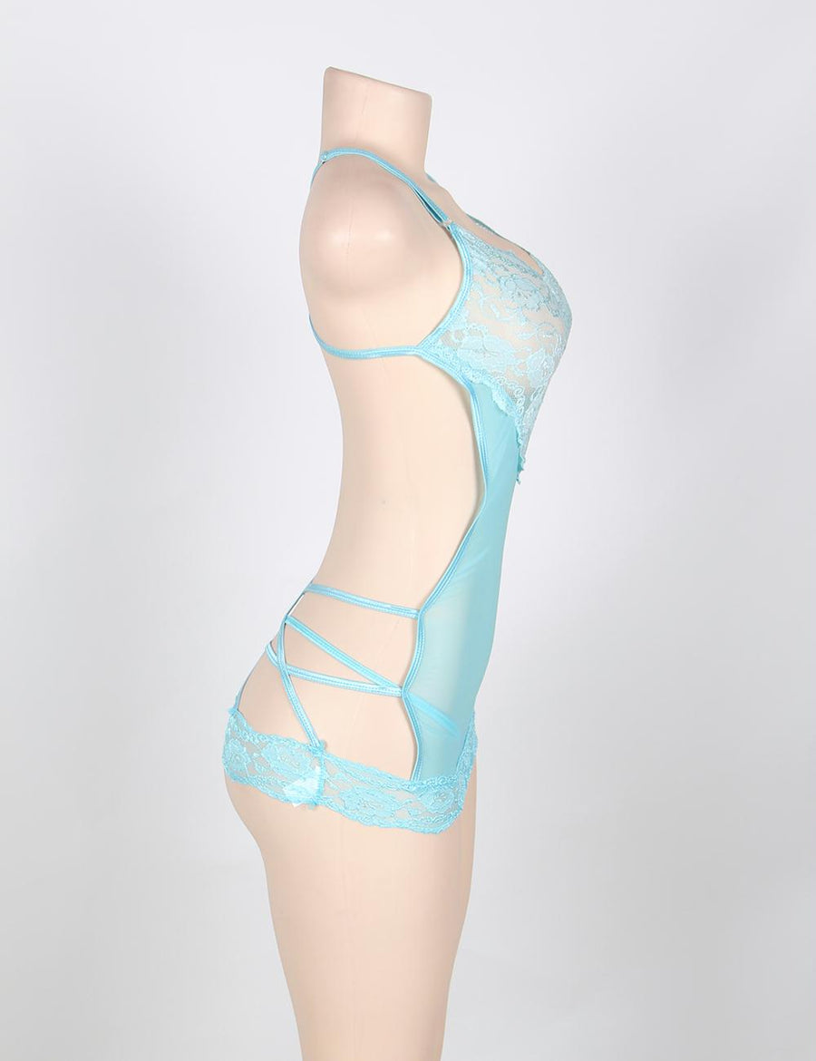 Sexy Lace Trim Blue Strappy Back Babydoll Chemise