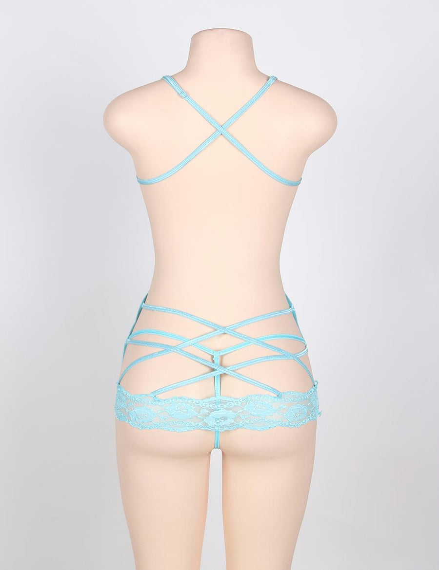 Sexy Lace Trim Blue Strappy Back Babydoll Chemise