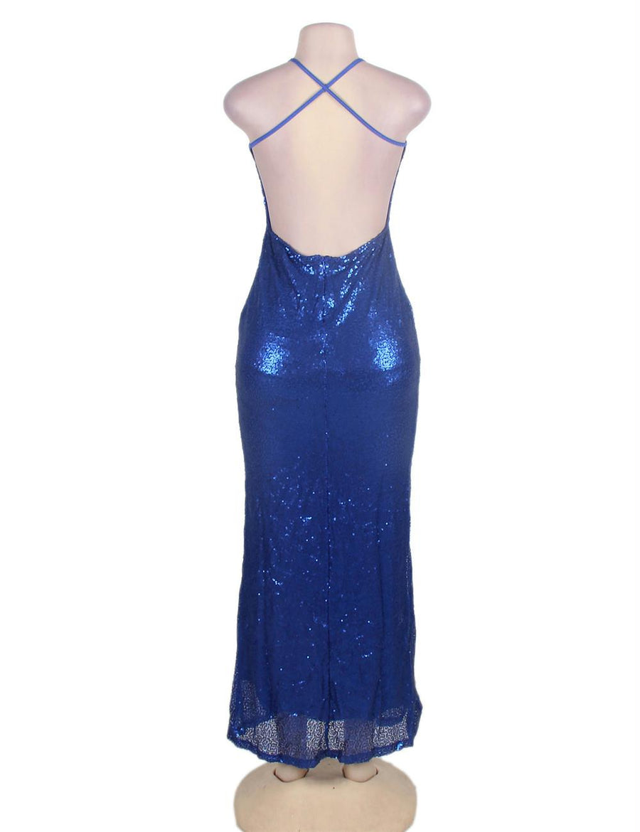 Blue Sequin Backless Evening Dress