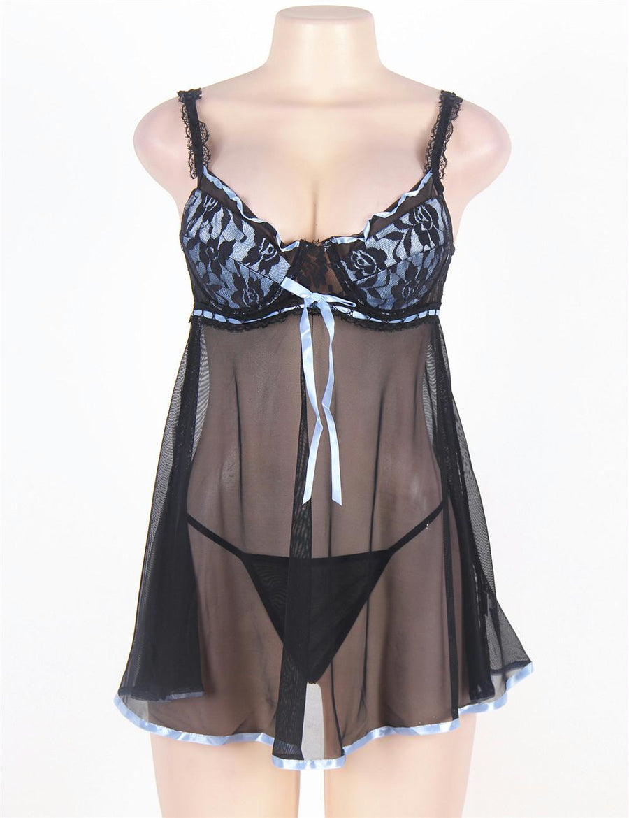 Mesh Cup Black Lace Babydoll Nightie Lingerie Set