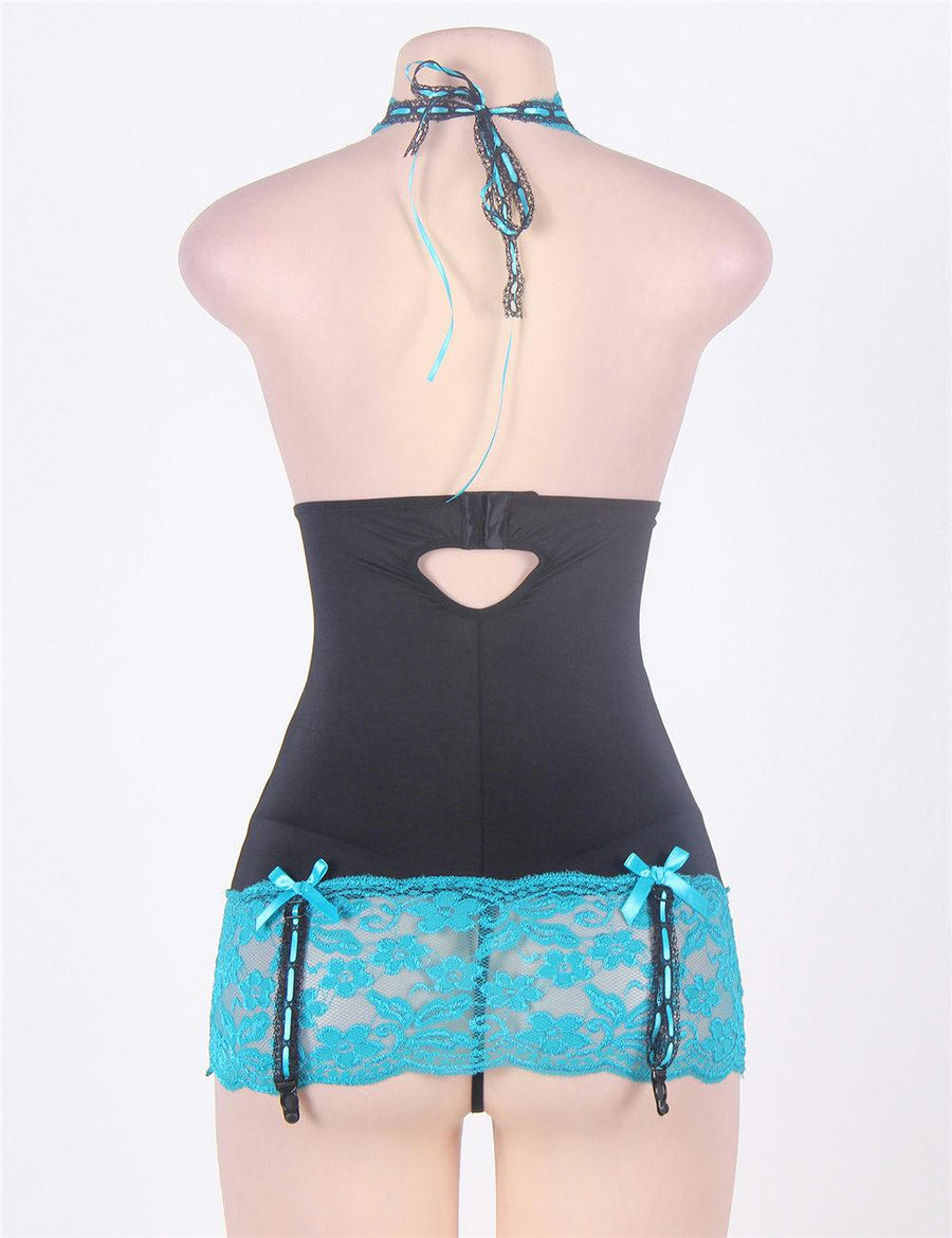 Halter Black And Blue Lace Open Back Plus Size Babydoll