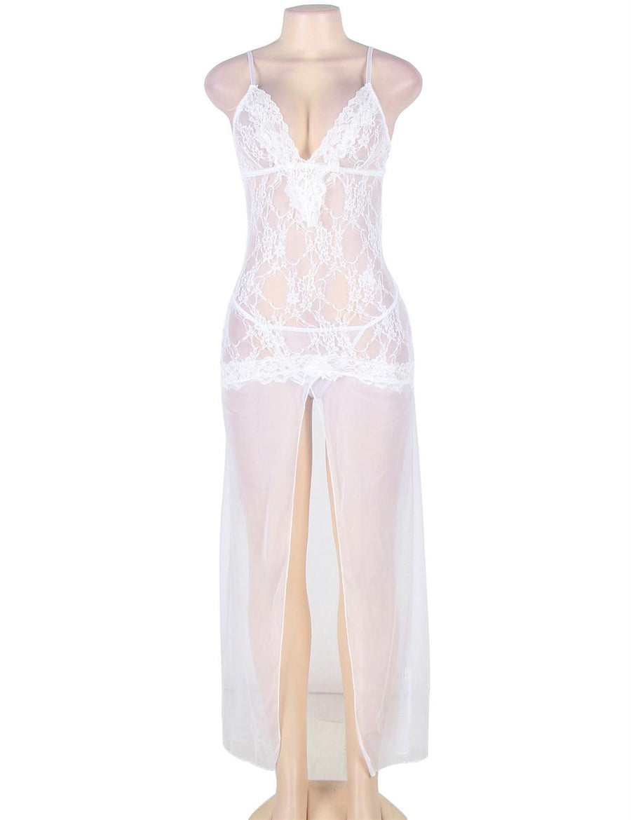 White Long Lace and Chiffon Sleepwear Gown