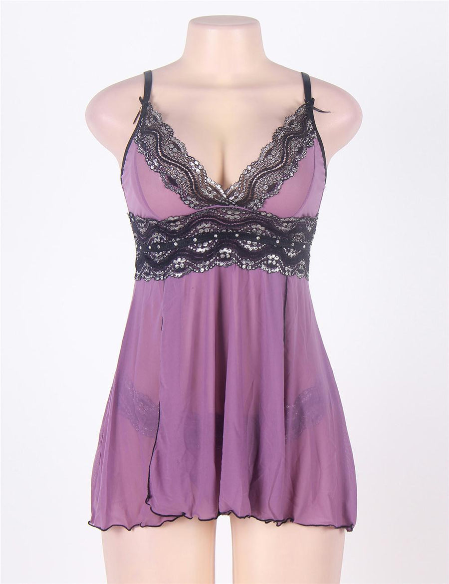 Camisole Purple Lace Sexy Babydoll With G string