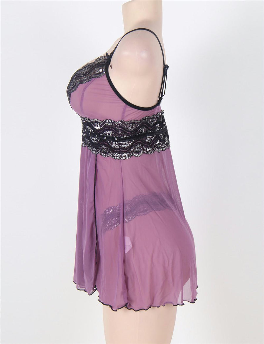 Purple Plus Size Mesh and Metallic Lace Babydoll