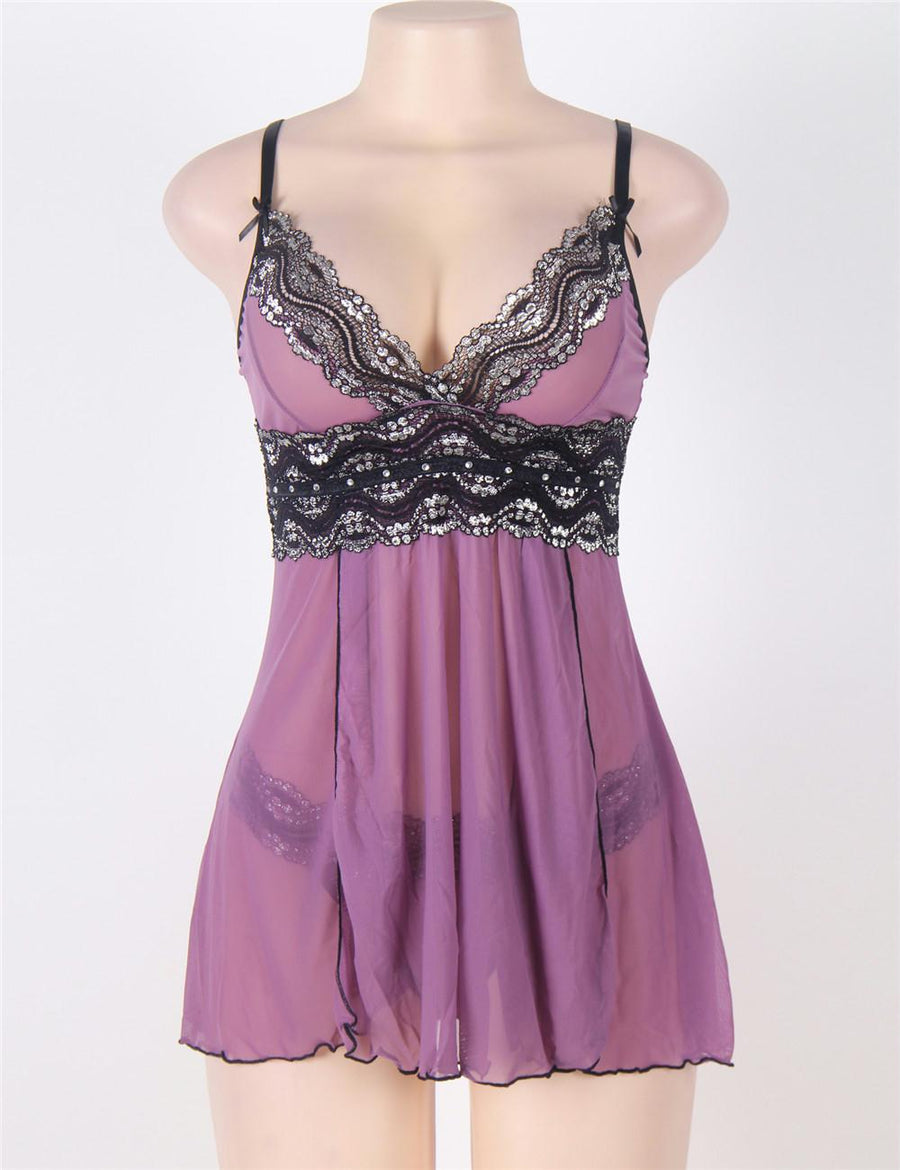 Purple Plus Size Mesh and Metallic Lace Babydoll