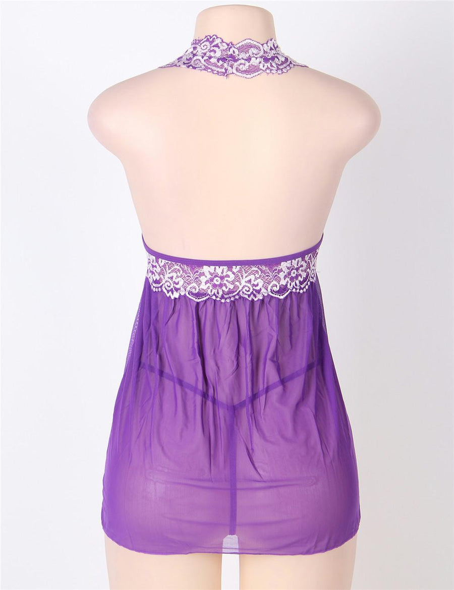 Purple Floral Halter Plus Size Babydoll