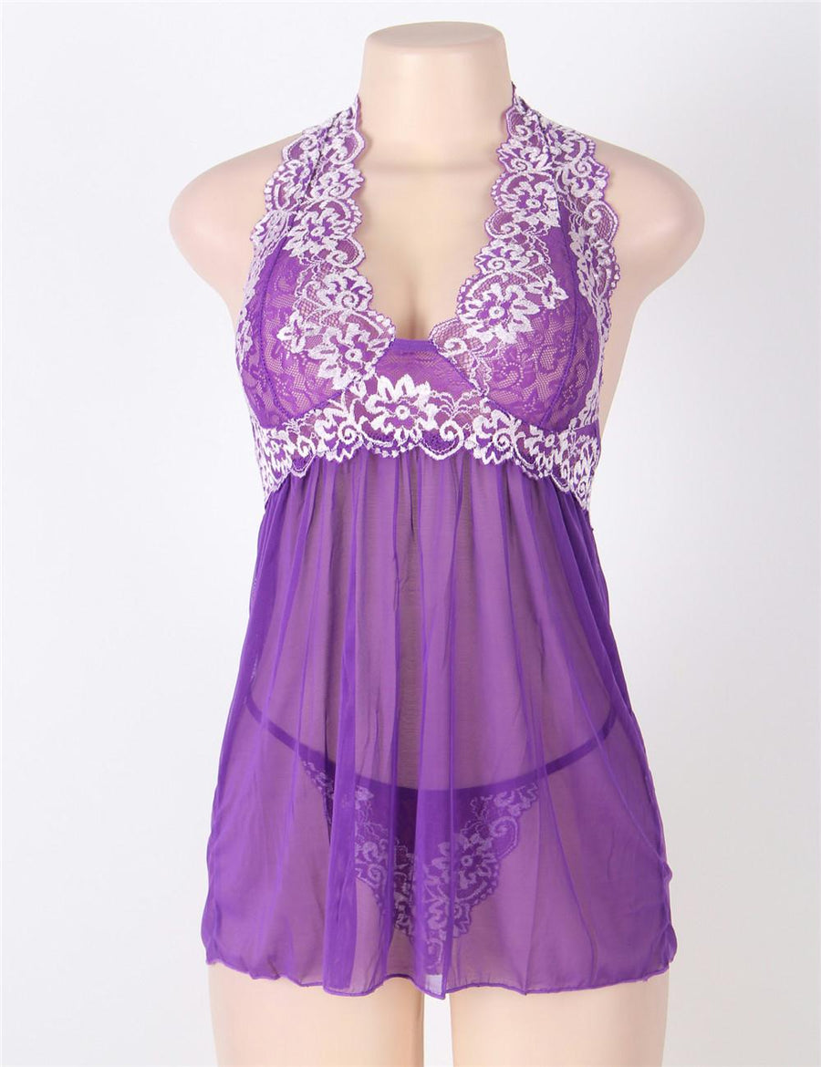 Purple Floral Halter Plus Size Babydoll