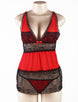 V-Neck Floral Lace Dark Red Plus Size  Babydoll