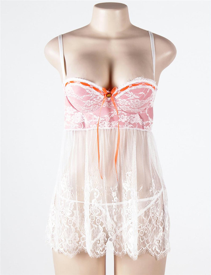 Pink Plus Size Bustier Top Babydoll With Sheer Bodice