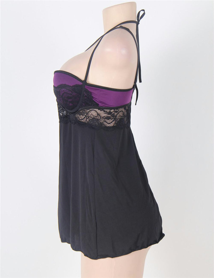 Purple Microfiber Lace Stitching Halter Babydoll