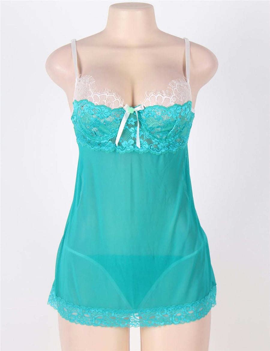 Blue Lace Patchwork Mesh Sexy Babydoll Set