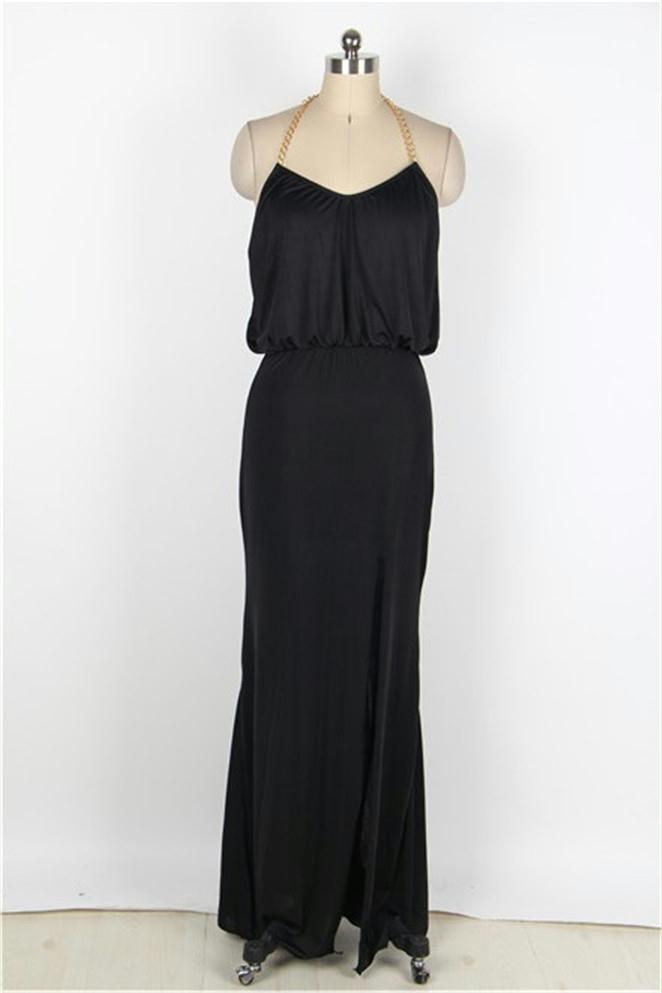 Black Gold Chain Halter Maxi Dress with T Back