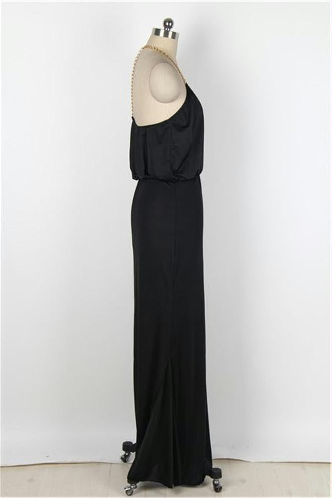 Black Gold Chain Halter Maxi Dress with T Back