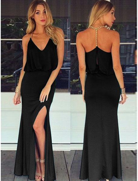 Black Gold Chain Halter Maxi Dress with T Back