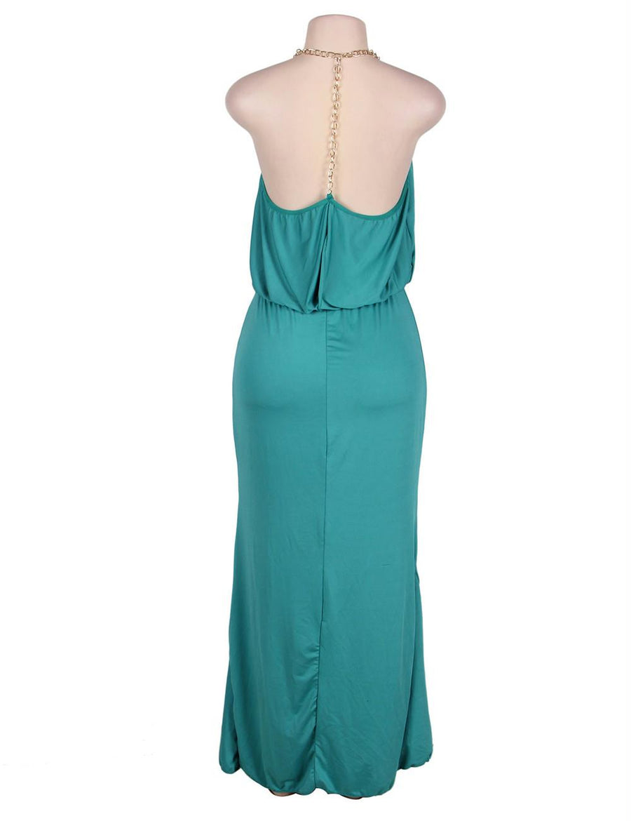 Gold Chain Halter Maxi Green Dress with T Back