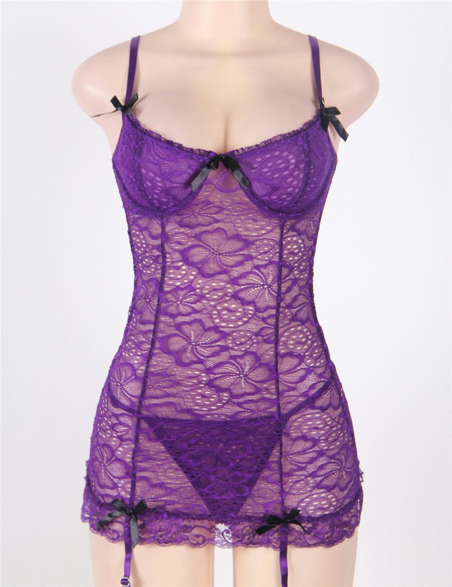 Purple Obsessive Garter Slip Mesh Babydoll