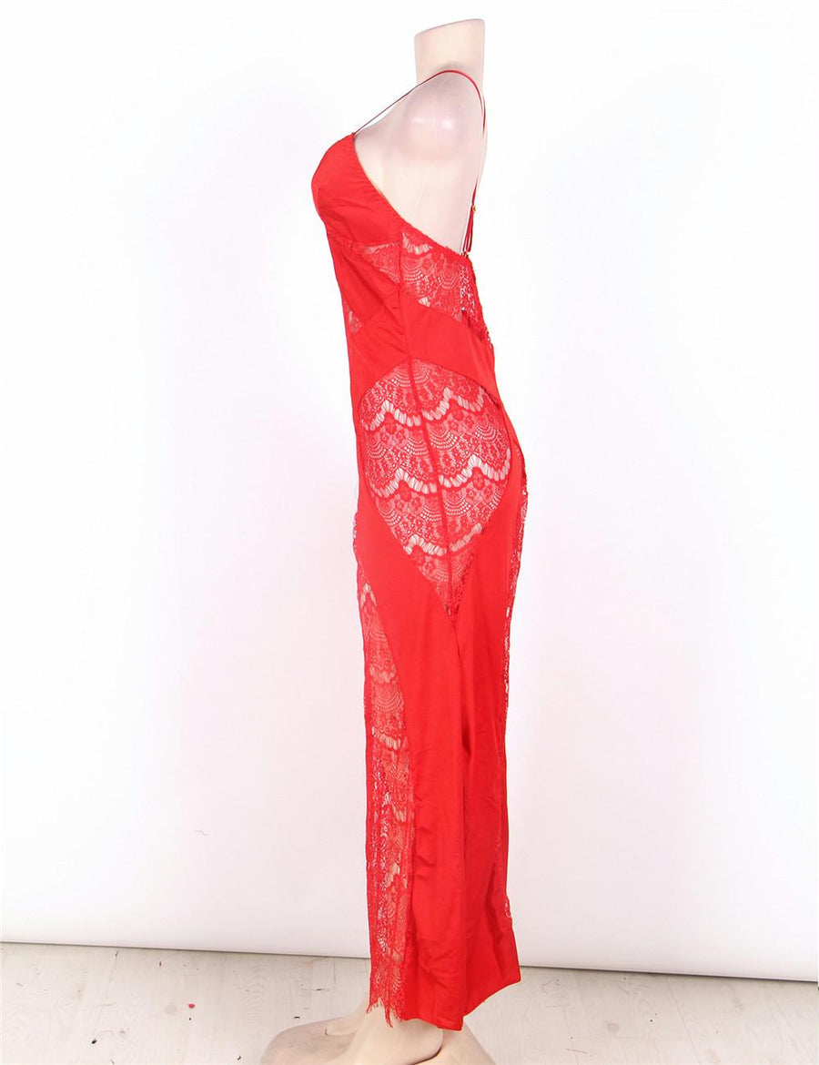 Red Lace Cross Open Back Long Dress