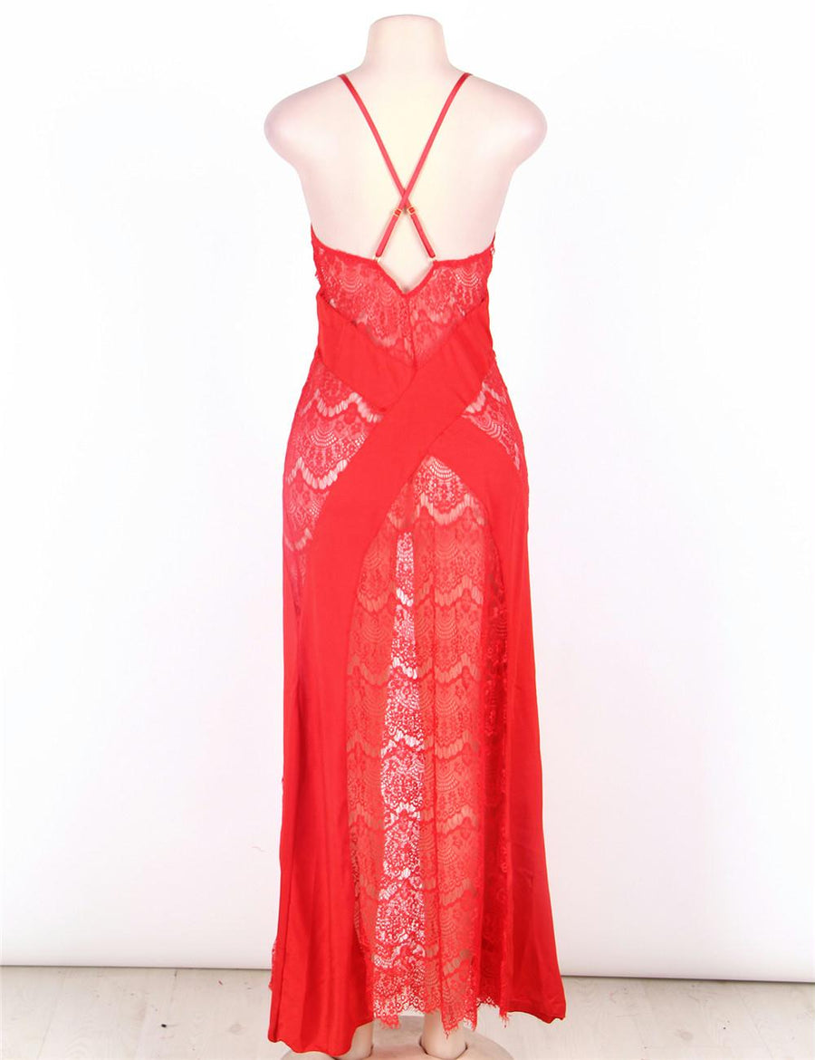 Red Lace Cross Open Back Long Dress