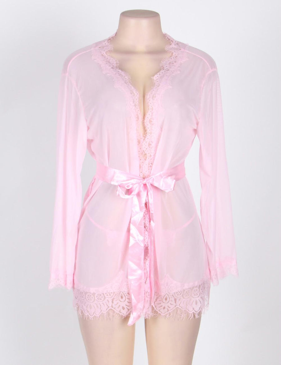 Sexy Pink Sheer Lace Trim Robe With G-String