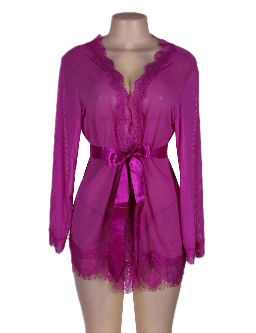 Sheer Lace Trim Purple Robe With Thong