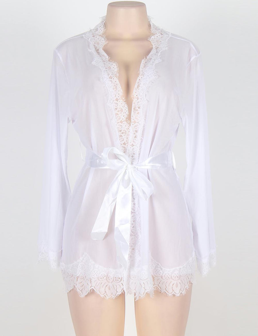 Sexy White Lace Trim Robe With Thong