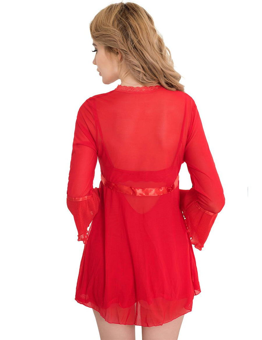 Long Sleeve Red Lace Trim Robe With Thong