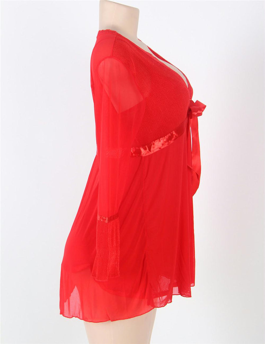 Long Sleeve Red Lace Trim Robe With Thong