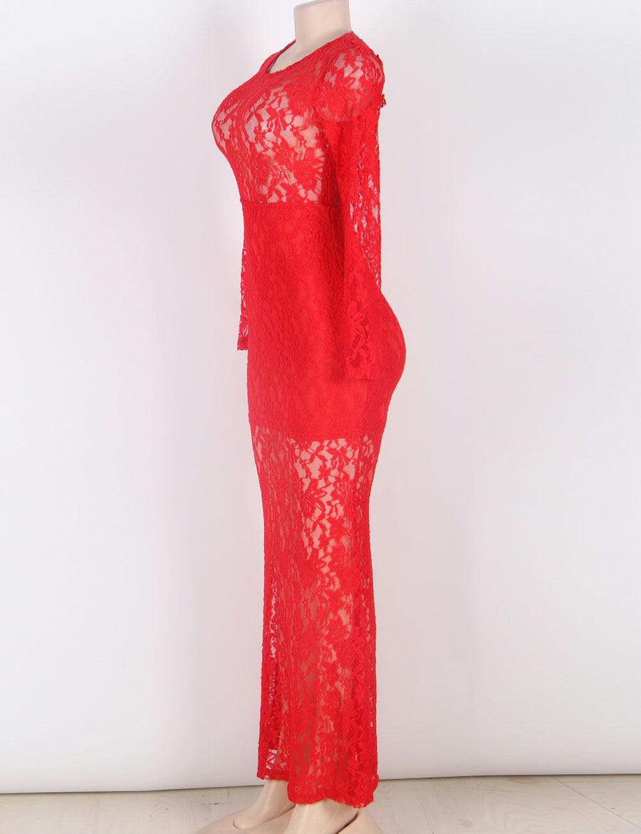 Beaming Red Lace Long Sleeve Croch Dress