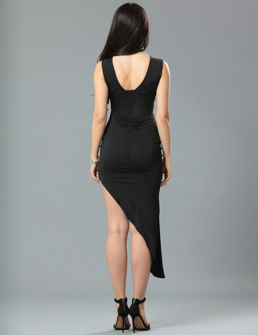 Black Side Ruched Asymmetric Maxi Dress