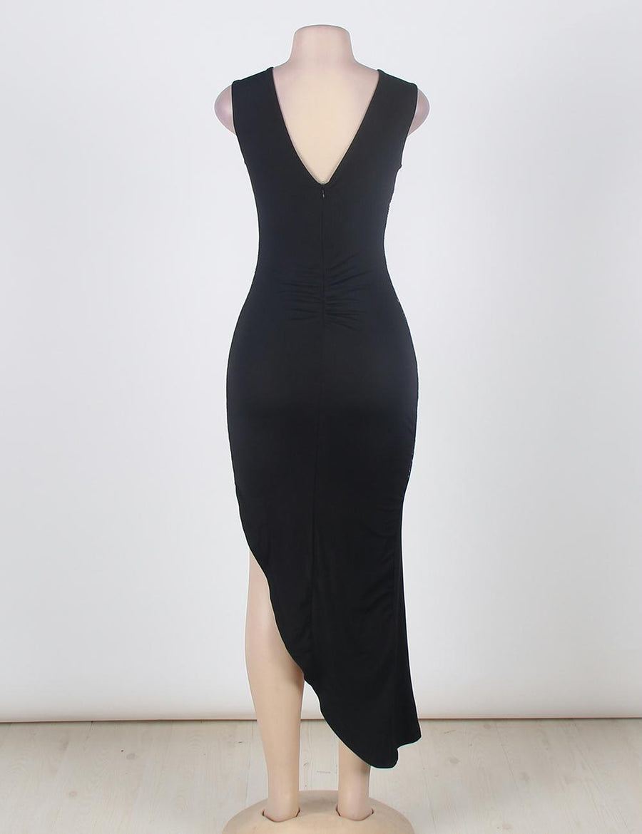 Black Side Ruched Asymmetric Maxi Dress