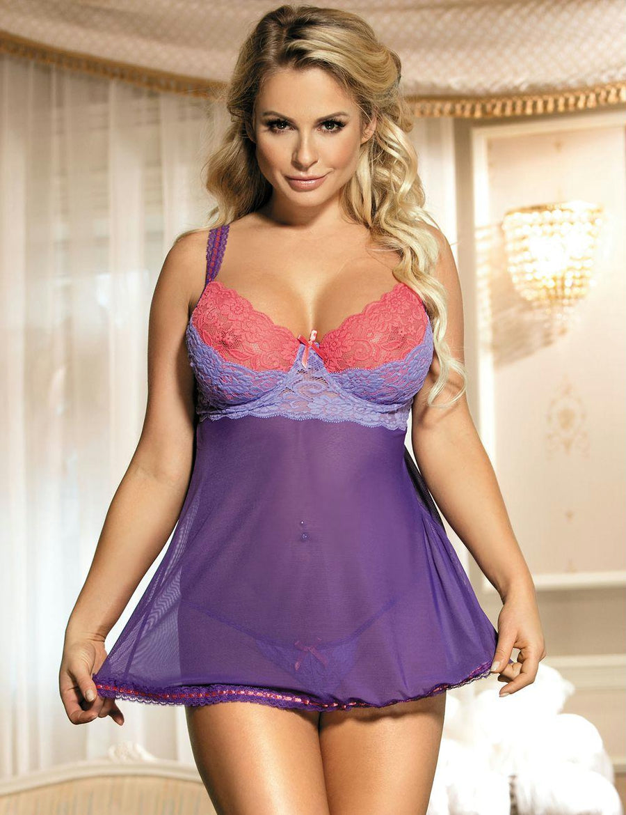 Purple And Pink Lace Cup Babydoll Set