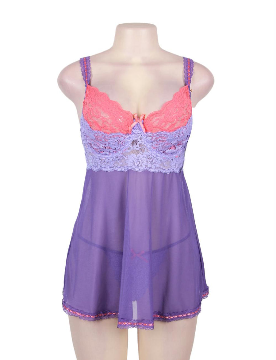 Purple And Pink Lace Cup Babydoll Set