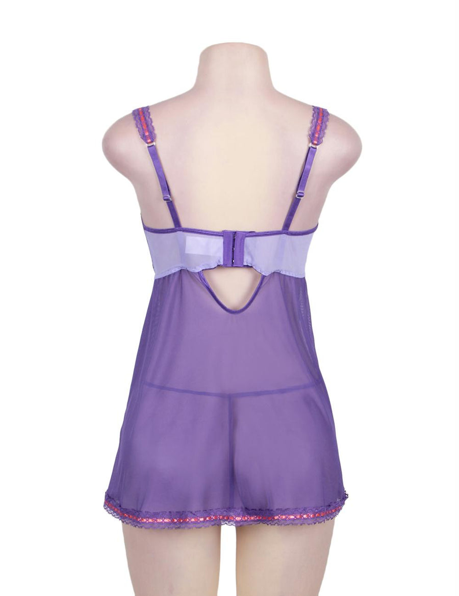 Purple And Pink Lace Cup Babydoll Set